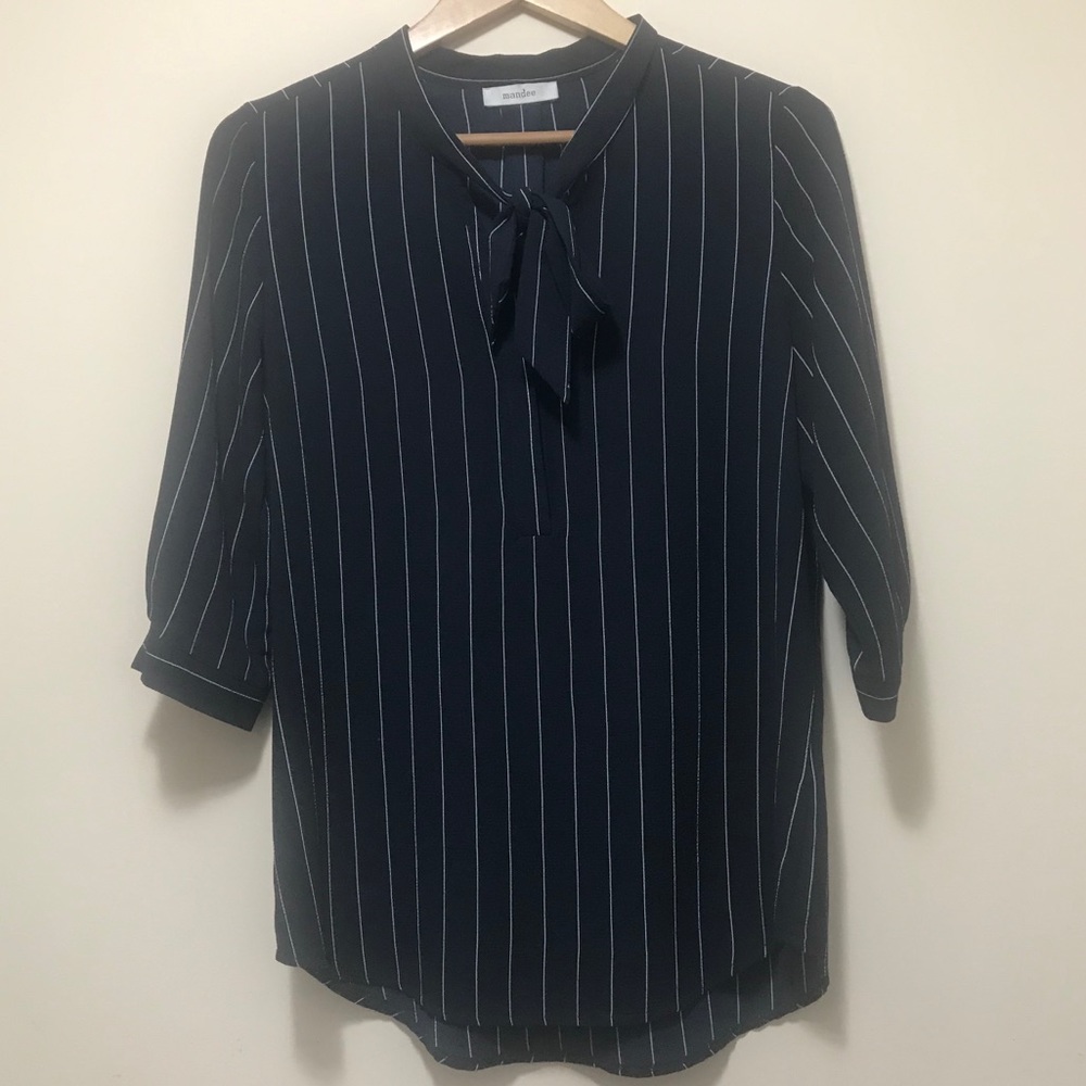 Mandee Navy Blue Striped Tie-Collar Blouse. S